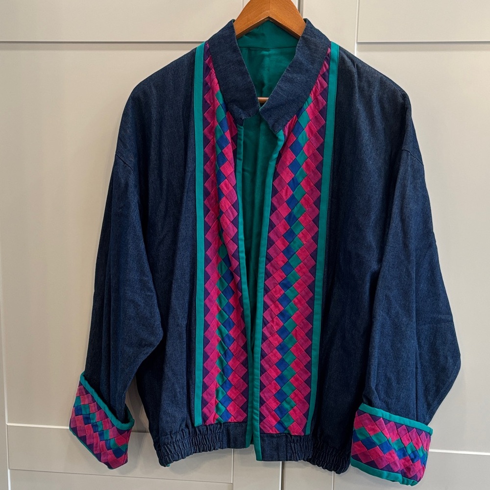 Woven Trim Navy Denim Jacket with Pink & Teal Accents